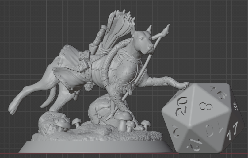 Dog archer familiar miniature scaled next to a D20 dice, detailed resin mini for use in Dungeons & Dragons and tabletop RPG campaigns