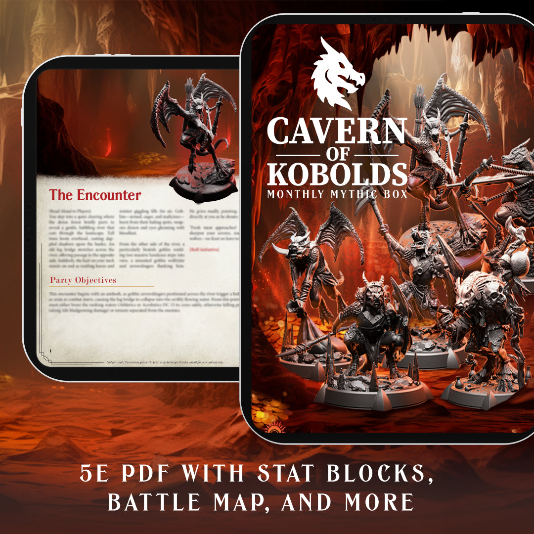 5e compatible DM Handbook PDF included in April's Mythic Box, with custom encounters, stat blocks, and story hooks. | Helios Tabletop