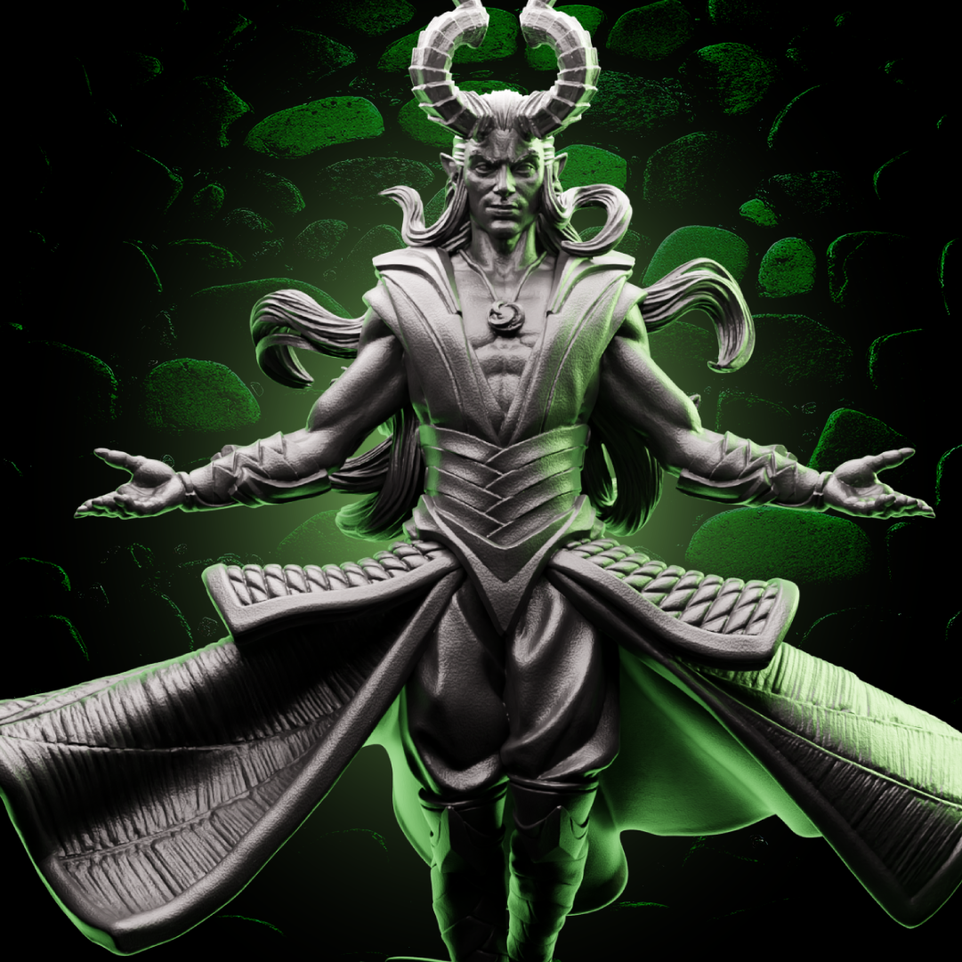 Helios Tabletop Male Tiefling Sorcerer TTRPG miniature thumbnail, highlighting curved horns and arcane robes.