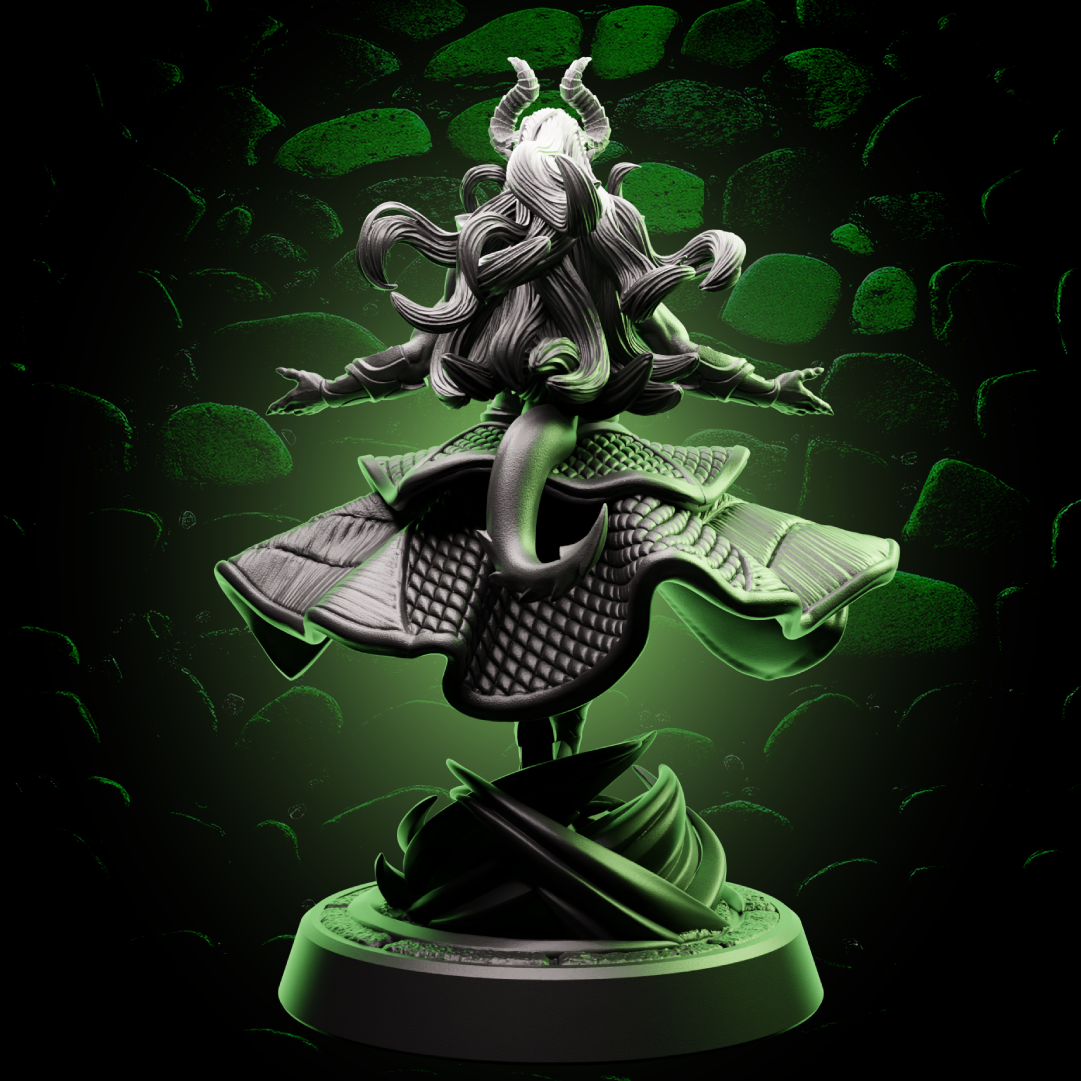 Rear view of Helios Tabletop’s Male Tiefling Sorcerer resin miniature, emphasizing his flowing cloak, tail, and fine sculpted details for tabletop RPGs.