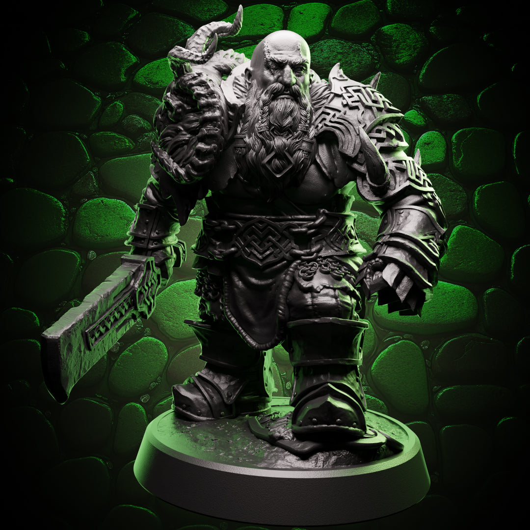 Front view of a 32mm Dwarf Fighter miniature wielding a large rune-inscribed sword, clad in heavy armor with a horned pauldron and braided beard.