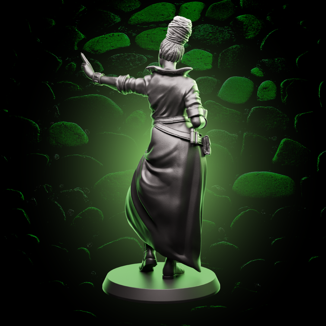 Back view of Female Human Monk miniature displaying sash, wraps, and motion-ready posture for tabletop gaming. | Helios Tabletop