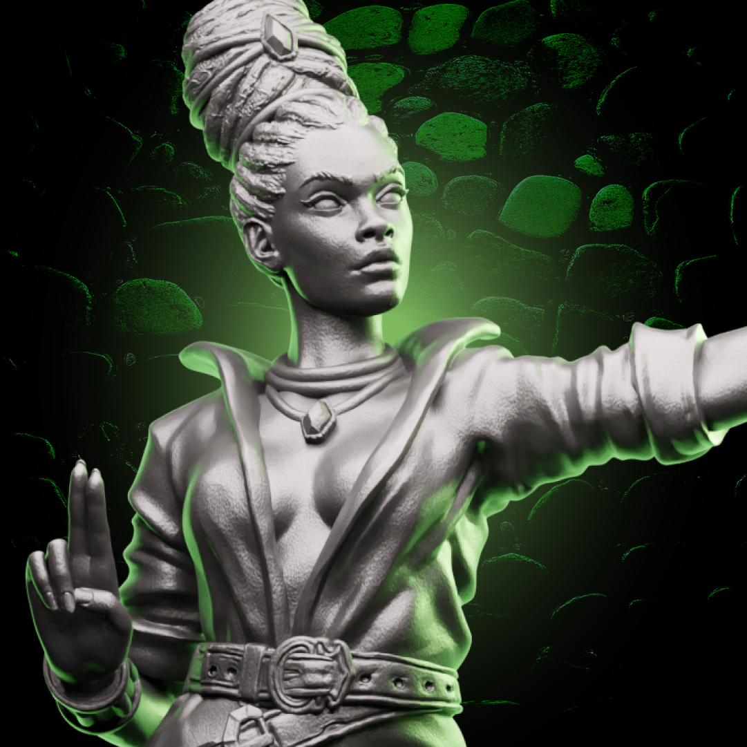 Female Human Monk miniature in dynamic martial arts pose, designed for fantasy tabletop RPG encounters. | Helios Tabletop