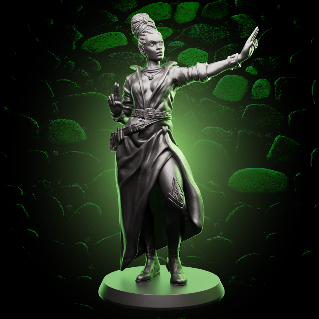 Front view of Female Human Monk miniature in poised stance, ideal for martial characters in fantasy RPG campaigns. | Helios Tabletop