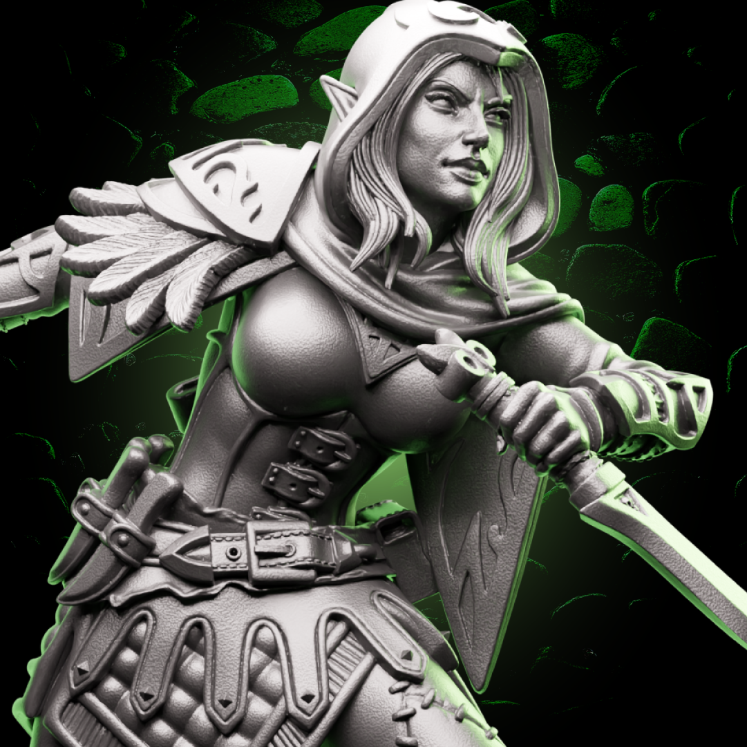 Female Elf Rogue miniature with hooded cloak and dual elven blades, designed for stealthy characters in tabletop RPGs. | Helios Tabletop