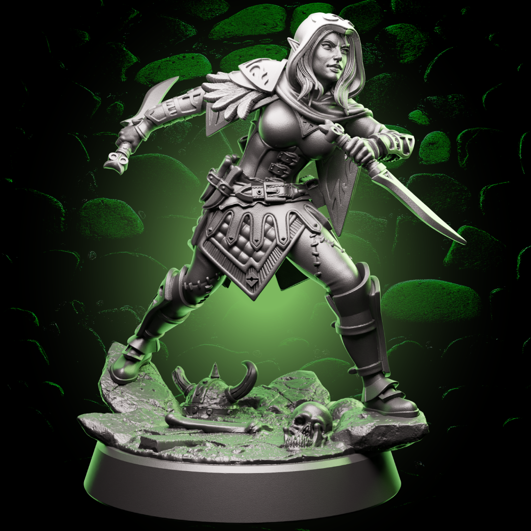 Female Elf Rogue miniature front view. Highly detailed and made for tabletop RPGs. | Helios Tabletop