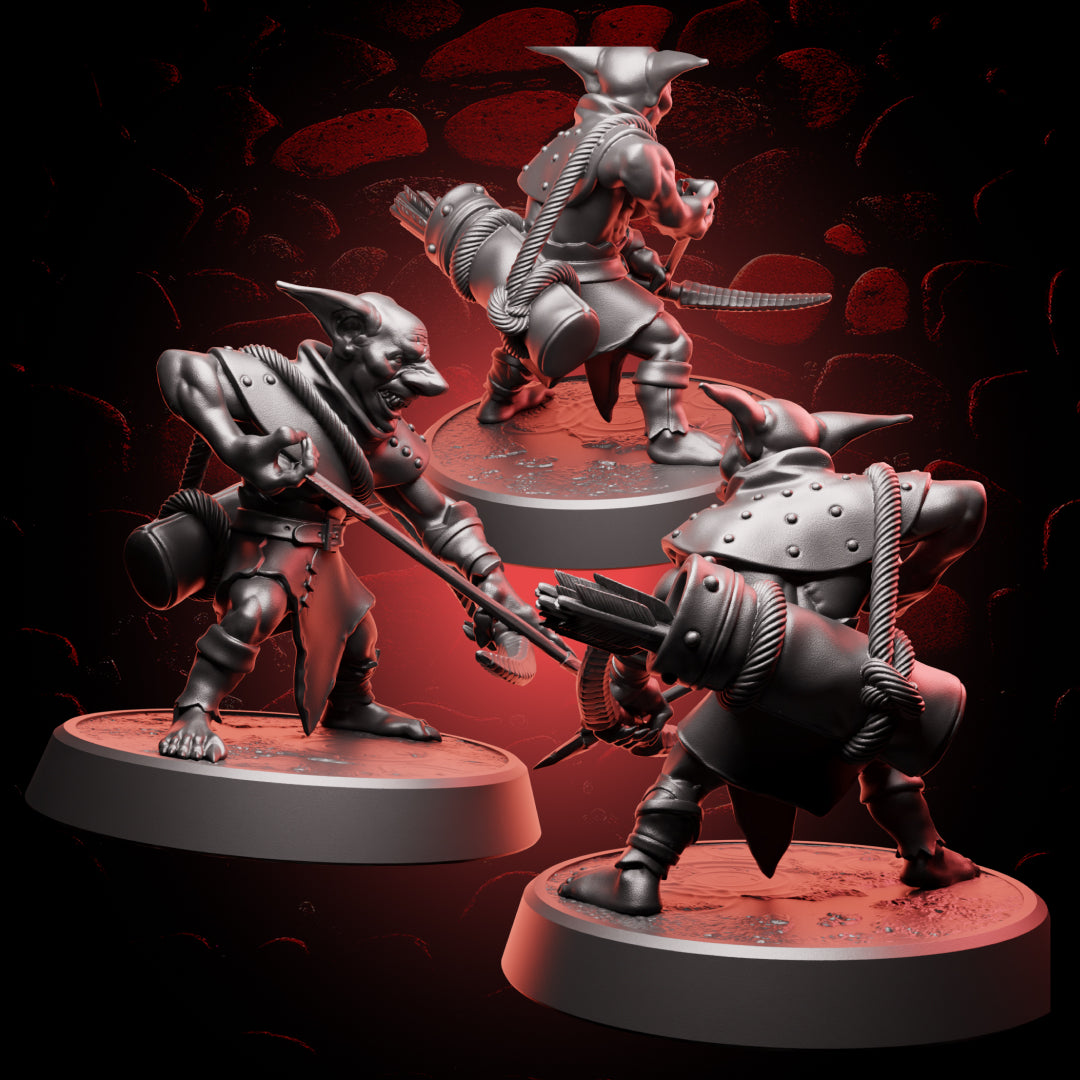 Rear view of goblin archer mini showing sculpted quiver, belt pouches, and layered goblin armor for detailed tabletop gameplay.