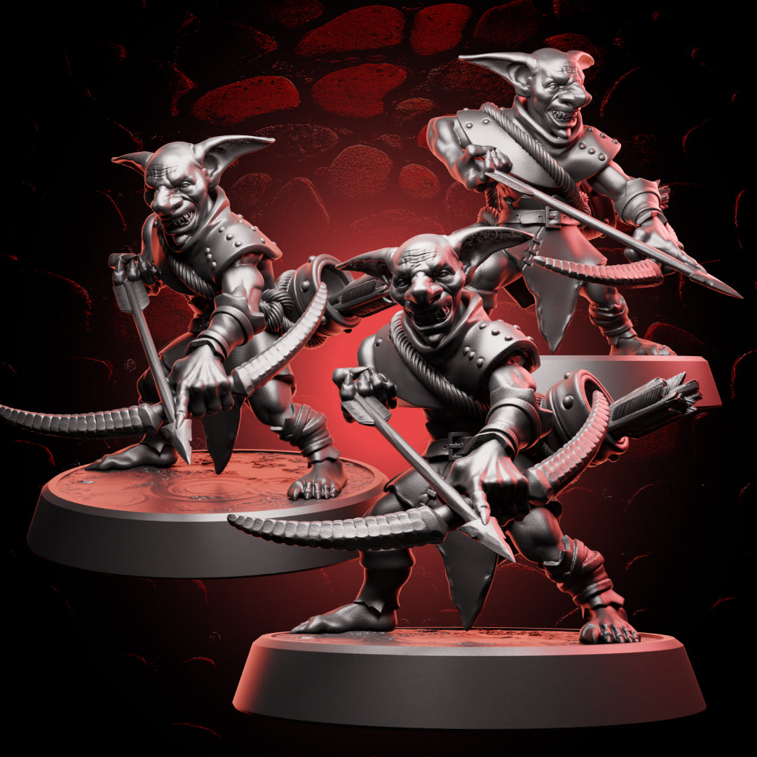 Front-facing goblin miniature with snarling expression and drawn bow, detailed for tabletop RPG enemies or Dungeons & Dragons goblin ambushes.