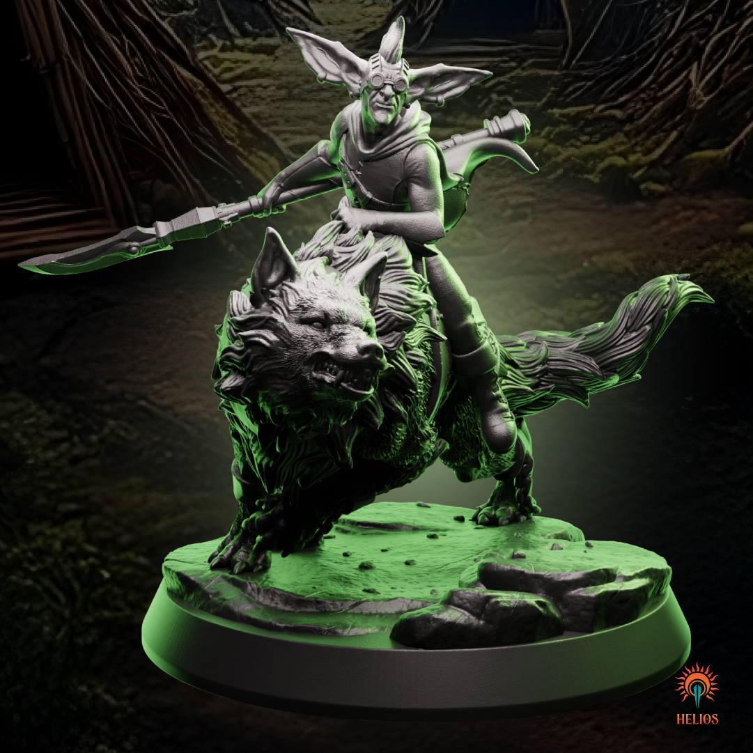 Goblin wolfrider miniature, riding a snarling wolf, bringing speed and ferocity to your tabletop skirmishes and RPG encounters. | Helios Tabletop