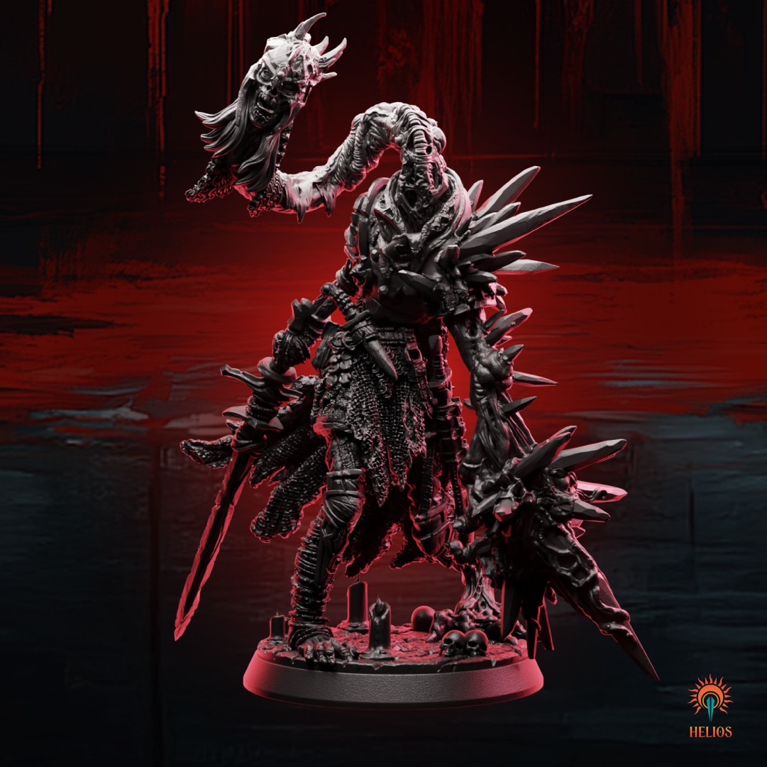 Front view of the February 2025 Mythic Box sanguified guard miniature, showing its imposing stance, detailed armor, and menacing weapons.
