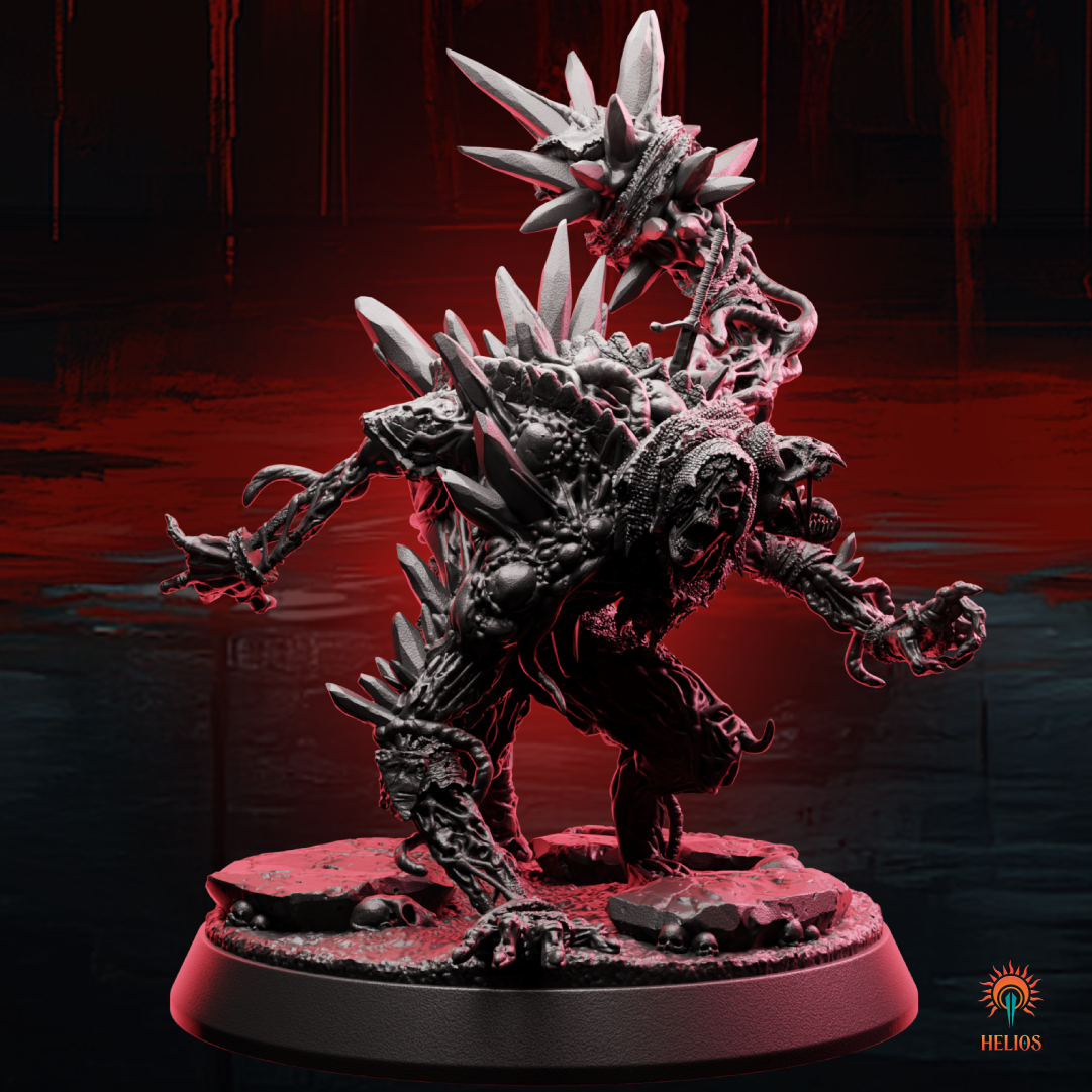 Front view of the February 2025 Mythic Box boss miniature, showing its imposing stance, detailed armor, and menacing weapons.