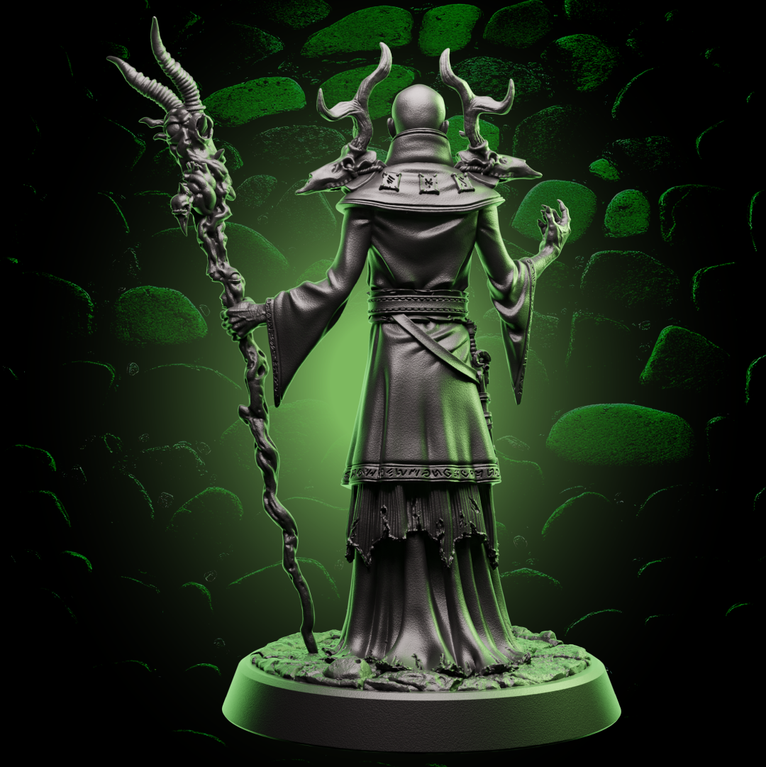 Back view of Human Warlock miniature showing flowing robes, spell components, and staff design for tabletop use. | Helios Tabletop