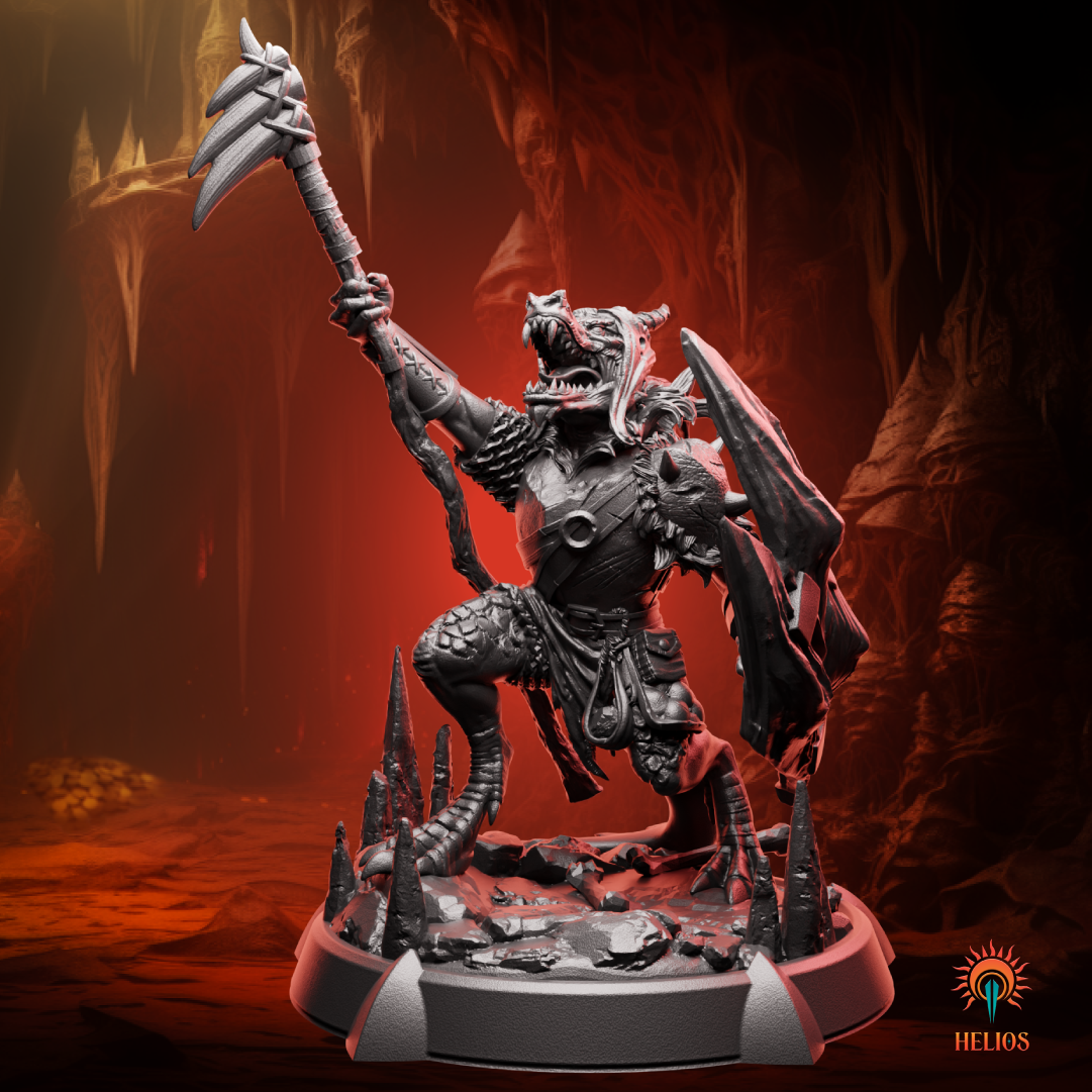 Kobold warrior miniature with crude weapons and armor, ready for close combat in tabletop RPG battles. | Helios Tabletop