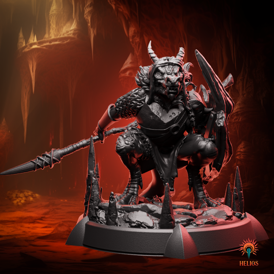 Ferocious kobold warrior miniature with shield and spear, designed for fantasy skirmishes and dungeon ambushes. | Helios Tabletop