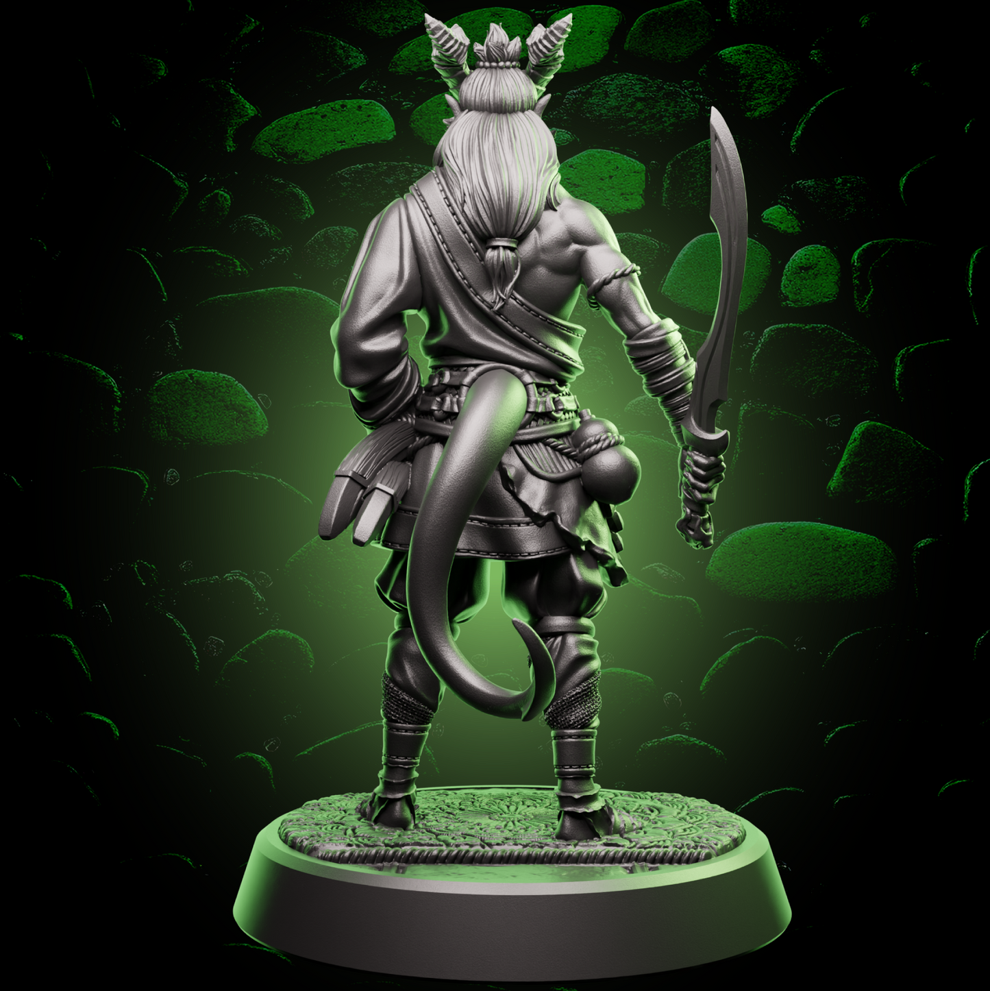 Back view of Male Tiefling Fighter miniature displaying cloak, armor detailing, and scabbards for tabletop roleplaying games. | Helios Tabletop