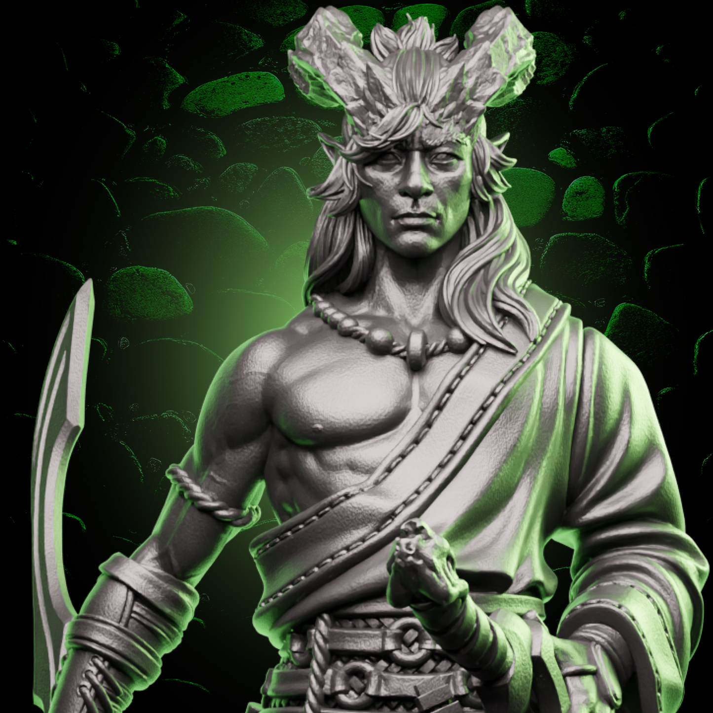 Tiefling Fighter miniature with dual swords featured in dynamic fantasy setting, perfect for tabletop RPGs. | Helios Tabletop
