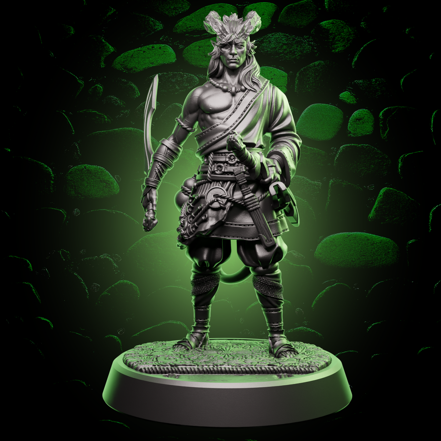 Front view of Male Tiefling Fighter miniature wielding twin blades, ideal for use as a D&D player character or NPC. | Helios Tabletop