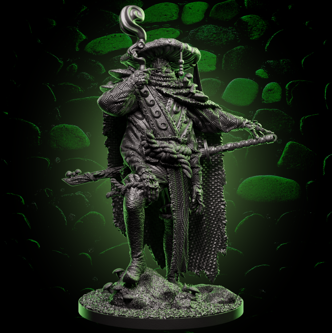 Front view of Mycelian Fighter miniature wielding a long sword, cloaked in textured fungal armor. | Helios Tabletop