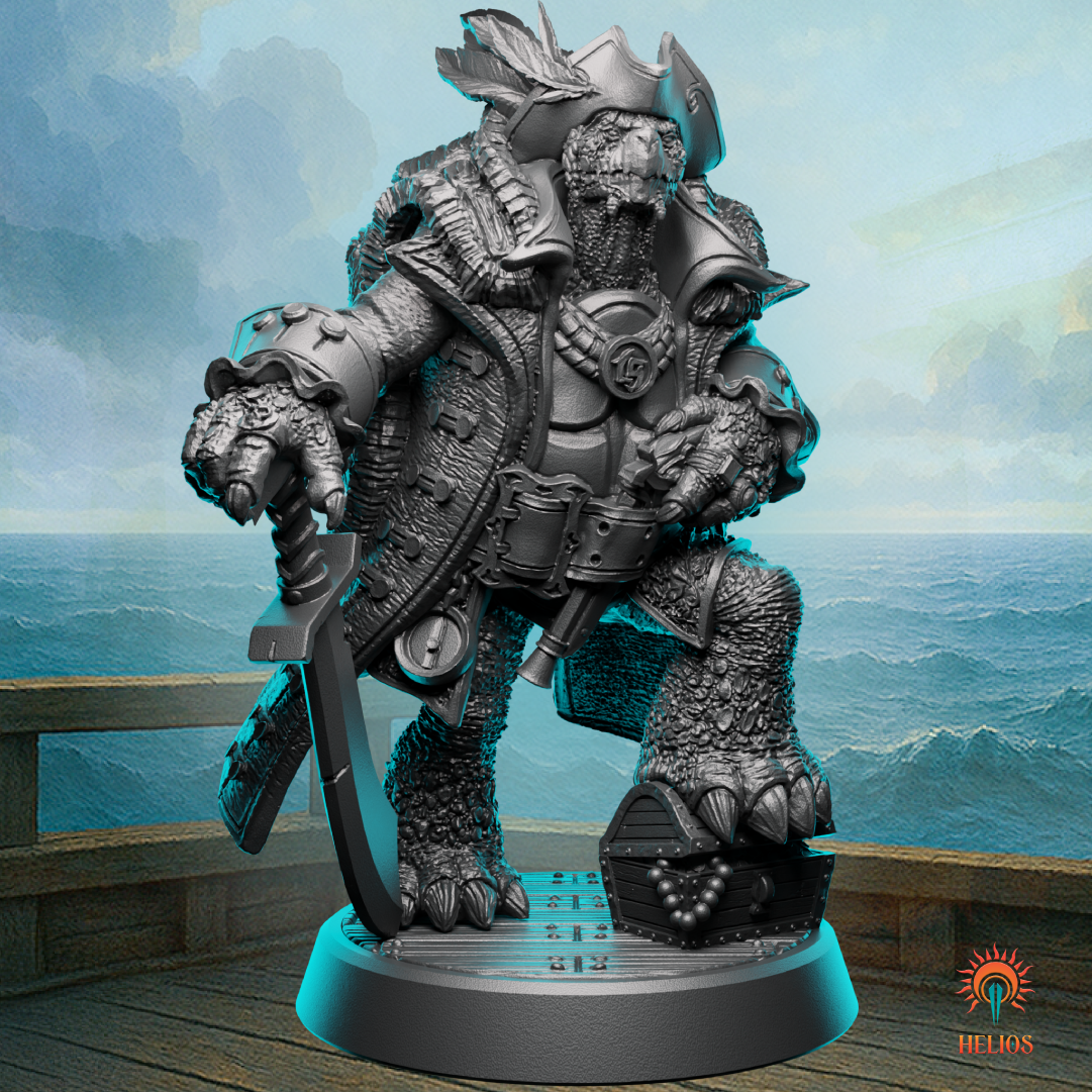 Turtle pirate captain D&D miniature with detailed naval coat, treasure chest base, and curved cutlass - an epic boss mini for pirate RPG campaigns and tabletop sea adventures.