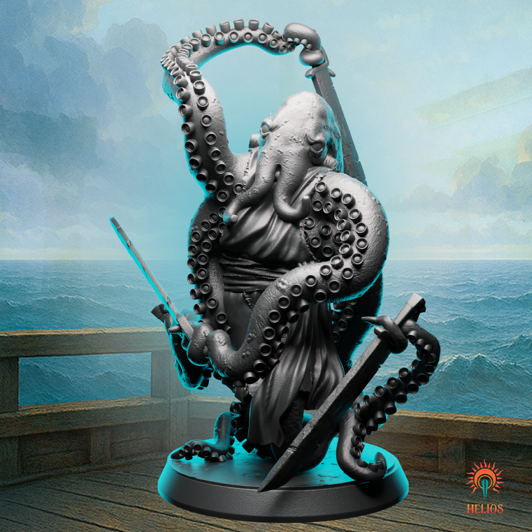 Octopus warrior miniature with multiple sowrd, designed for D&D sea adventures, underwater enemy encounters, or pirate-themed NPCs.