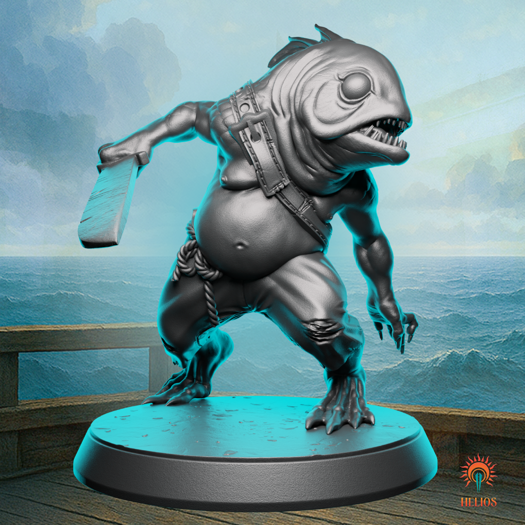 Fishfolk pirate miniature wielding a jagged cutlass, perfect for D&D ocean encounters, pirate-themed tabletop RPG battles, or sea monster enemy mini collections.