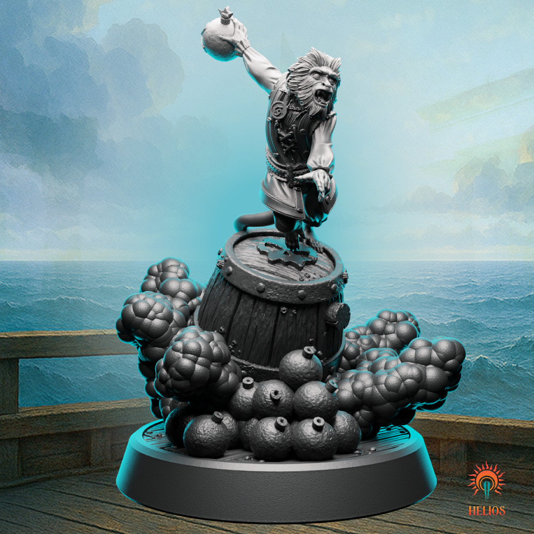 D&D monkey pirate miniature throwing a bomb, ideal for chaotic NPCs or enemy characters in seafaring fantasy campaigns and pirate-themed tabletop RPG scenarios.