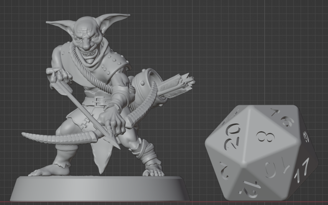 Goblin archer miniature shown beside a D20 die for scale, sized for standard 32mm tabletop RPG encounters.