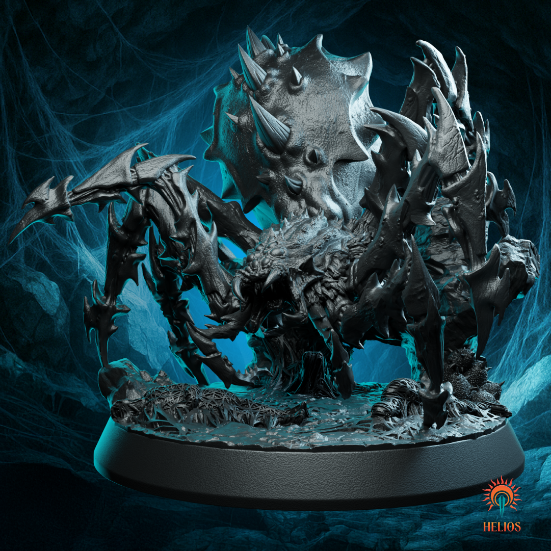 Front view of Spider Colossus miniature showing sharp fangs, detailed limbs, and massive Underdark presence. | Helios Tabletop