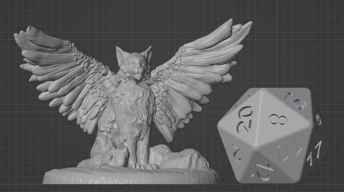 ressym familiar miniature with wings spread wide, perched on a rock base beside a D20 dice for scale – resin mini for Dungeons & Dragons and tabletop RPGs.