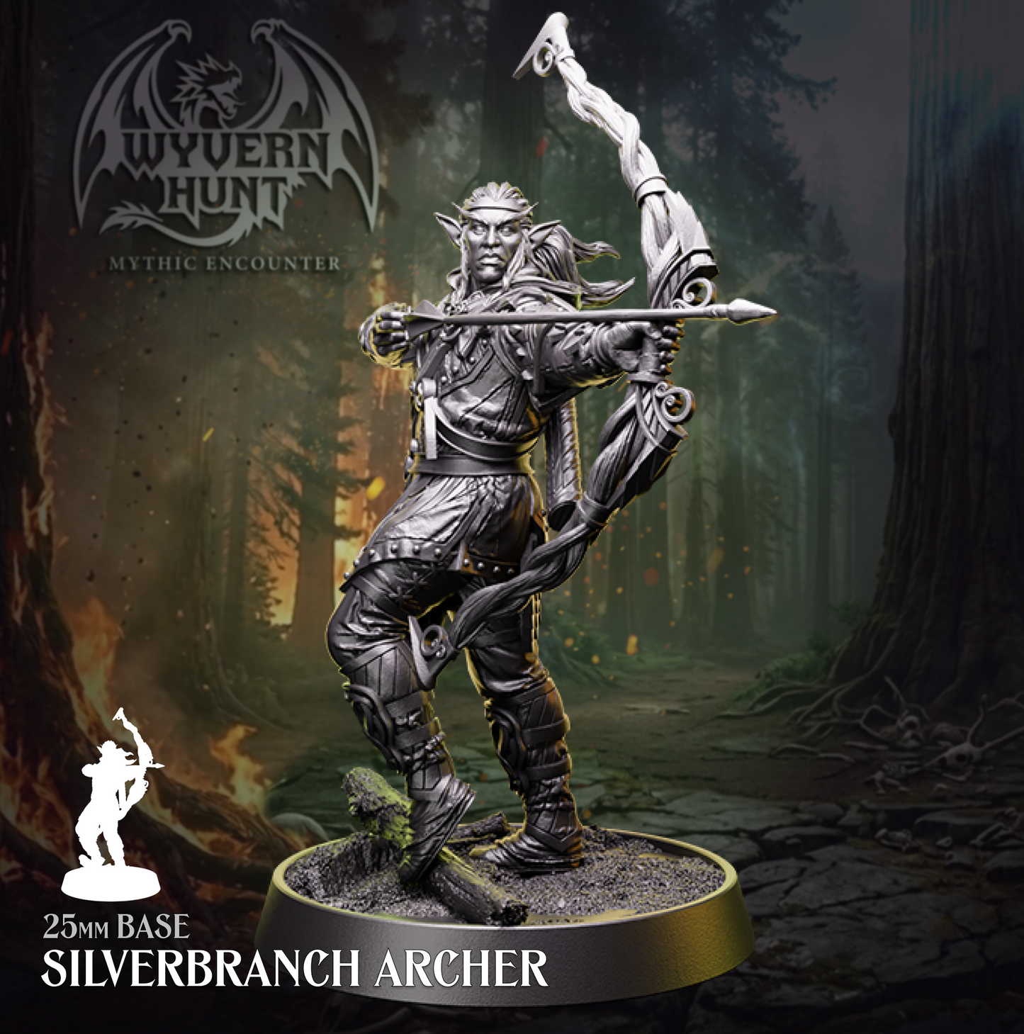 Physical resin tabletop miniature of a male Silverbranch Archer from the Wyvern Hunt Mythic Encounter by Helios Tabletop. Elf figure in leather armour drawing an ornate longbow with one leg raised, mounted on a 25mm base. Compatible with D&D 5e and Pathfinder.