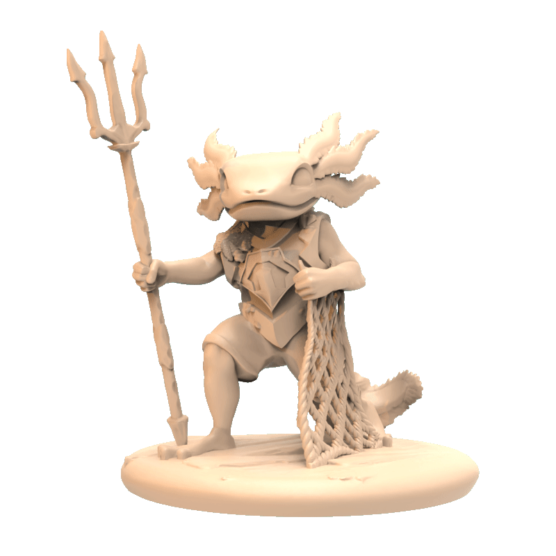 360-degree turnaround of Axolotl Fighter miniature holding trident and net on a 25mm base, detailed fantasy RPG model for Dungeons & Dragons and Pathfinder.