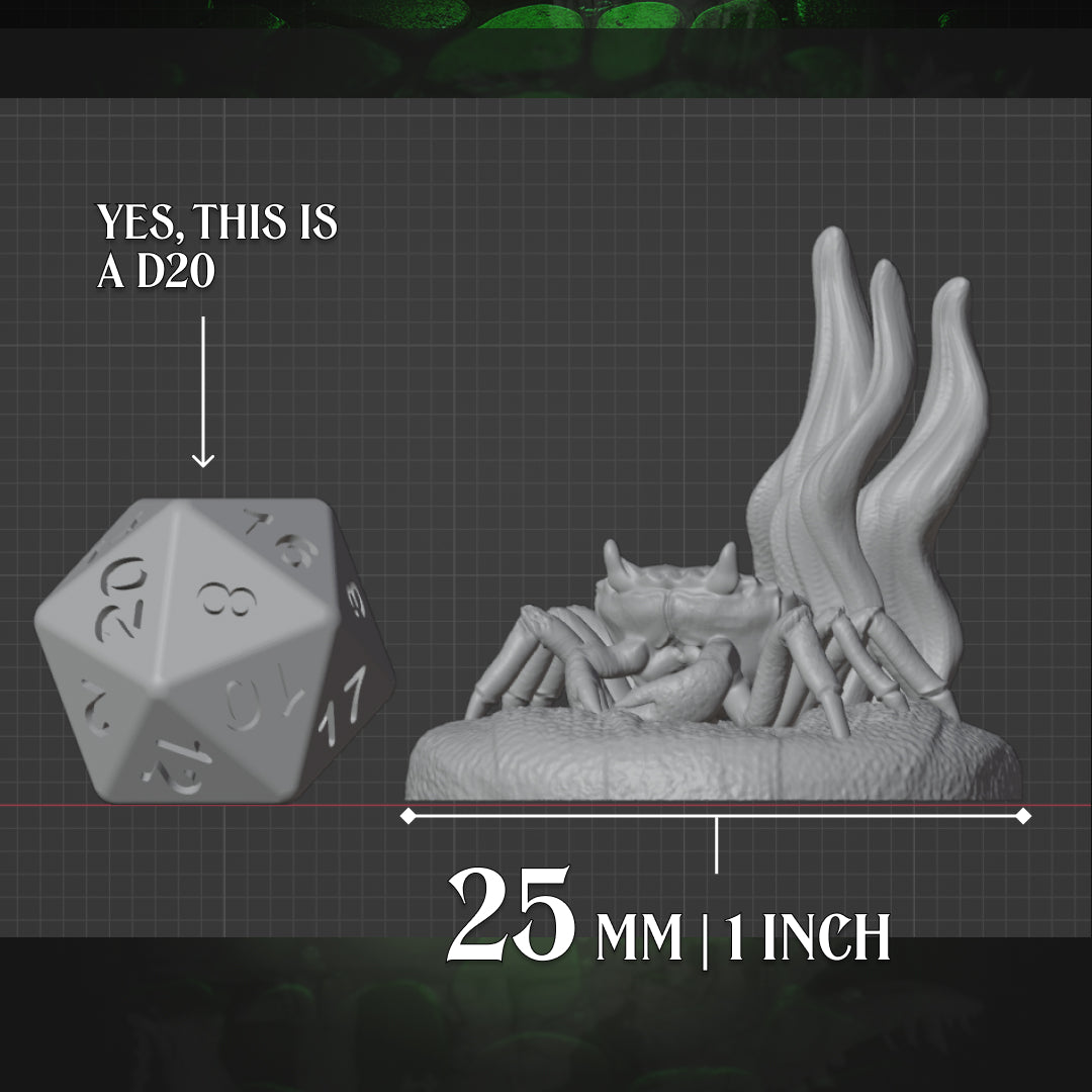 Crab Familiar miniature on 25mm base with D20 dice shown for size reference
