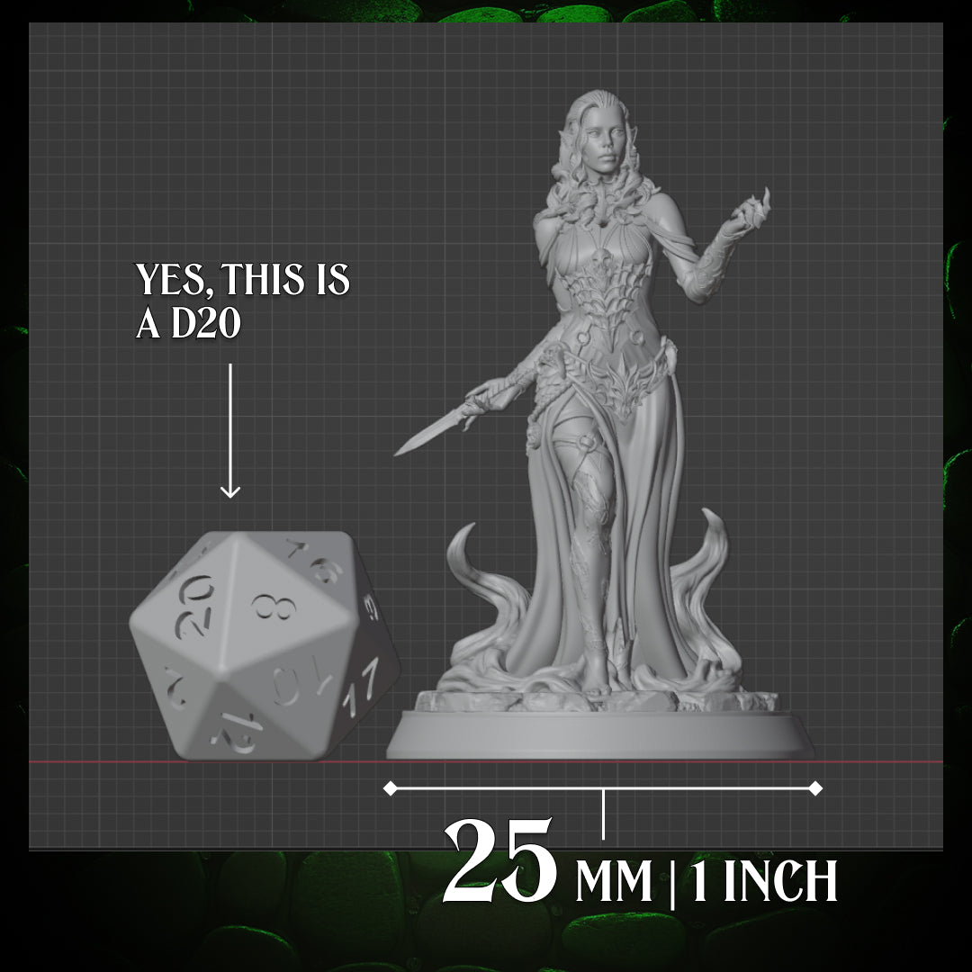 Elf Warlock miniature shown next to a D20 for scale on a 25mm base
