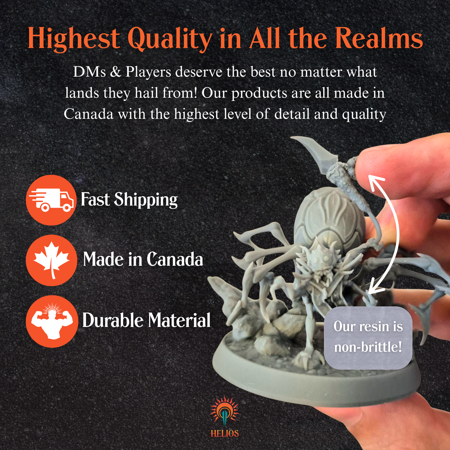 Hand holding a detailed resin miniature with promotional text about quality, fast shipping, Canadian made products, and durable material.