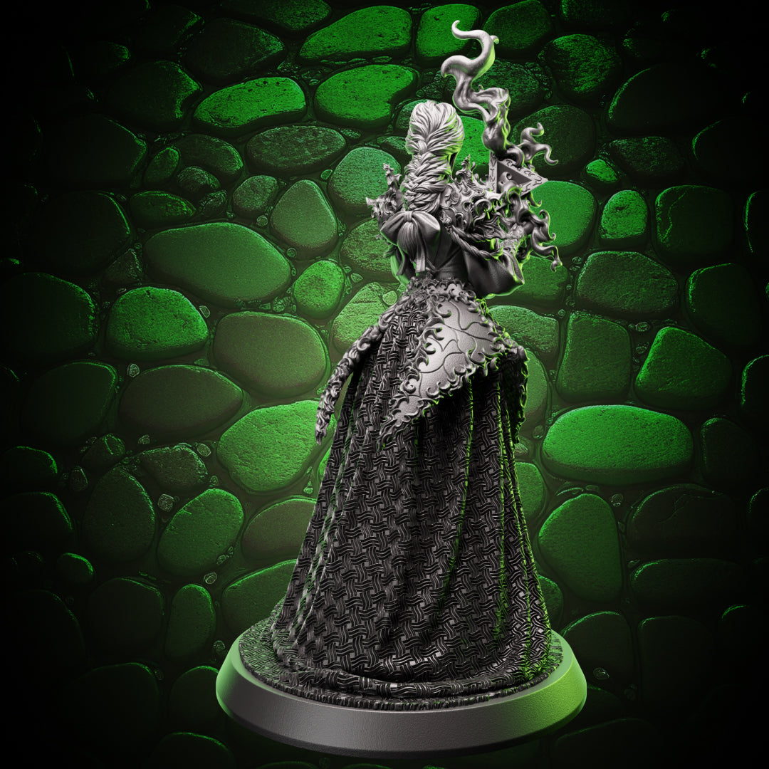 Back angle of Human Sorcerer miniature showing intricate robe patterns and braided hair, fantasy resin figure for tabletop RPGs.