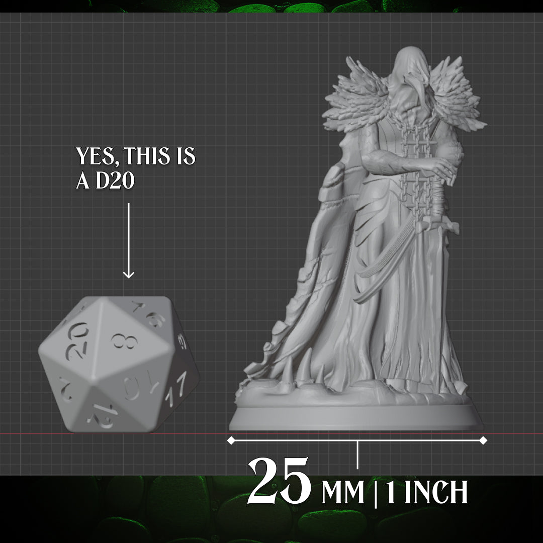 Kenku Fighter miniature with a 25mm one-inch base shown beside a D20 for size comparison.