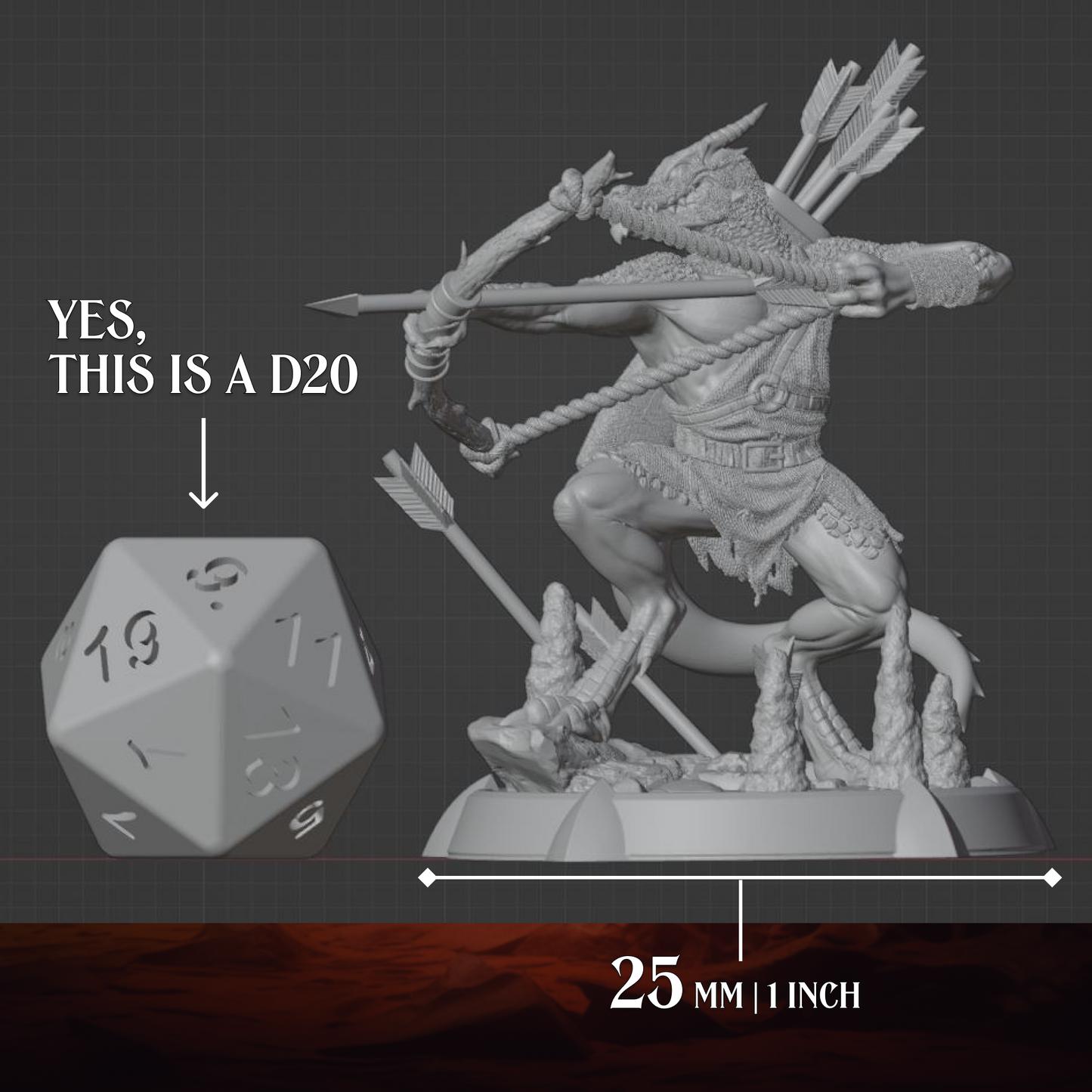Kobold Archerminiature displayed beside a D20 for scale reference, shown on a 25mm base.