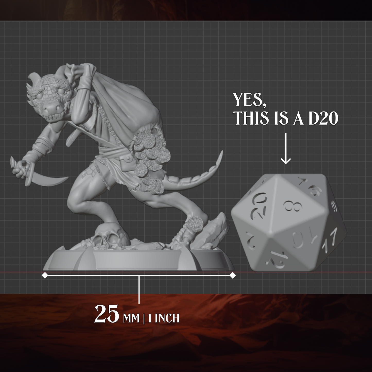 Kobold Rogue miniature displayed beside a D20 for scale reference, shown on a 25mm base.