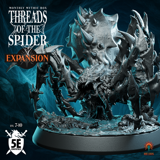 Spider Colossus miniature for 5e boss encounters, with 'Threads of the Spider' expansion text on a dark blue cave background.