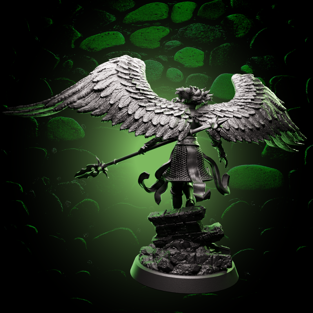 Back view of Aasimar Paladin miniature showing sculpted feathered wings and flowing armor, designed for TTRPGs. | Helios Tabletop