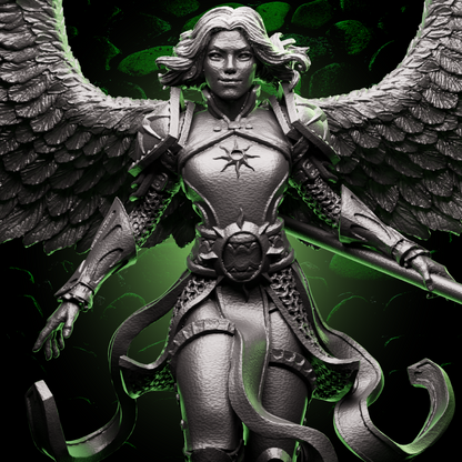 Aasimar Paladin miniature with outstretched wings and ornate spear, featured for fantasy tabletop RPG characters. | Helios Tabletop