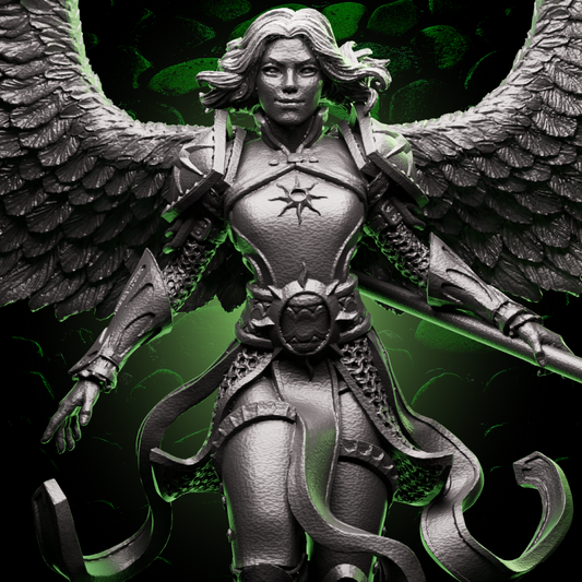 Aasimar Paladin miniature with outstretched wings and ornate spear, featured for fantasy tabletop RPG characters. | Helios Tabletop