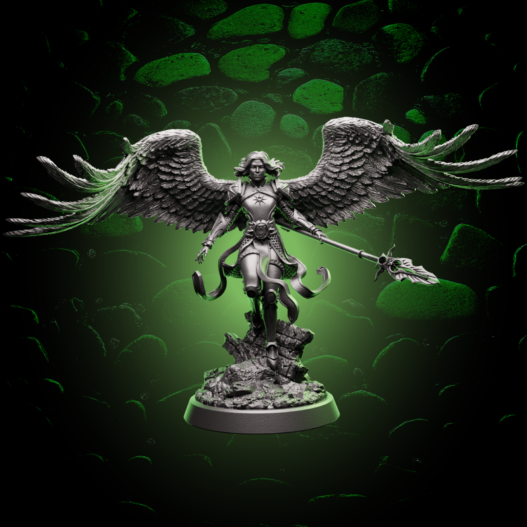 Front view of Aasimar Paladin miniature in mid-flight with celestial wings and detailed armor, wielding a spear. | Helios Tabletop