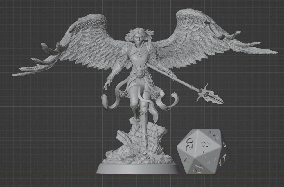 Aasimar Paladin miniature with spear and wings shown next to a D20 die for scale, ideal for 32mm fantasy games. | Helios Tabletop
