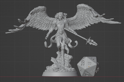 Aasimar Paladin miniature with spear and wings shown next to a D20 die for scale, ideal for 32mm fantasy games. | Helios Tabletop