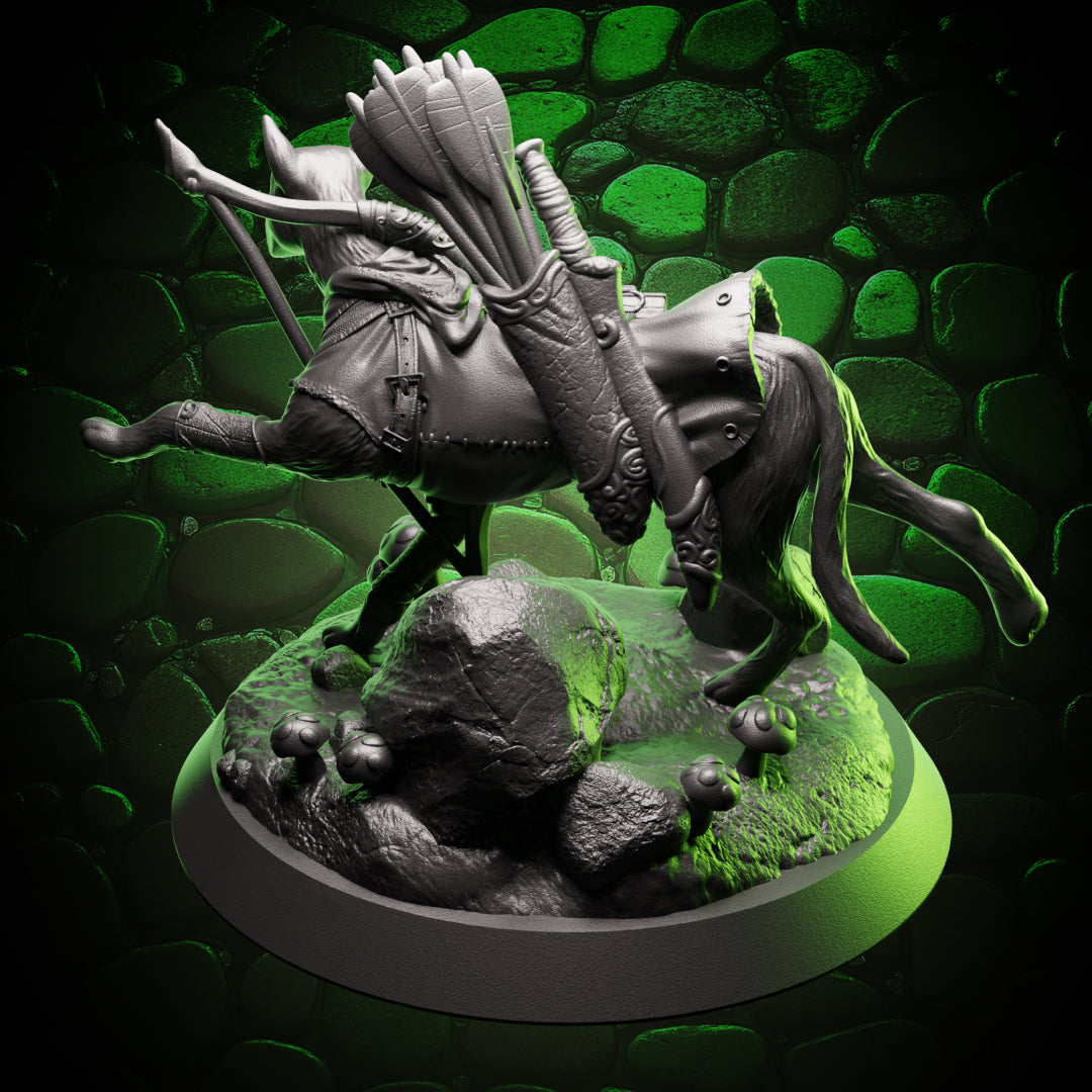 Back view of dog archer familiar miniature showing quiver, cloak, and detailed base with mushrooms – D&D and tabletop RPG resin mini.