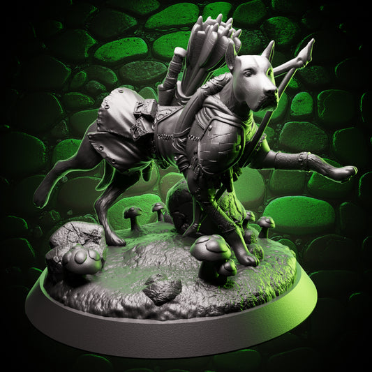 Dog archer familiar miniature with bow and quiver, armored companion mini for Dungeons & Dragons and tabletop RPGs – front view.