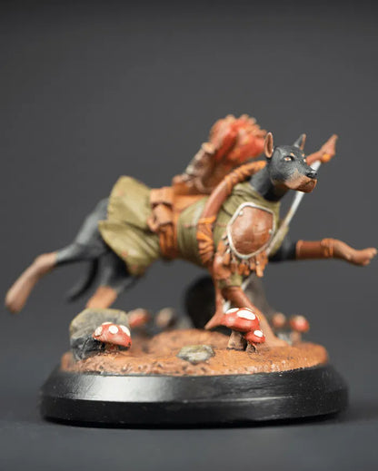 Painted front view of Dog archer familiar miniature with bow and quiver, armored companion mini for Dungeons & Dragons and tabletop RPGs