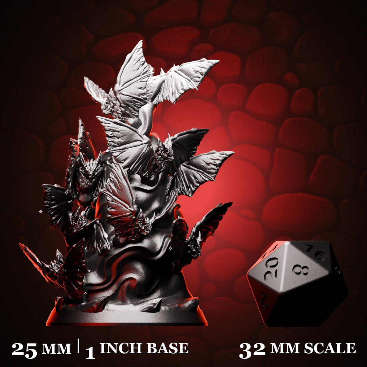 Bat Swarm, shown beside a d20 for scale