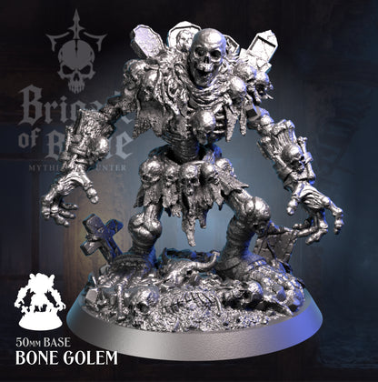 A highly detailed 3D render of a miniature figurine representing a skeletal golem warrior, shown on its circular base with promotional text overlays. Used in fantasy or Dungeons or Dragons Minis for necromatic armies. large Skeleton, Graveyard